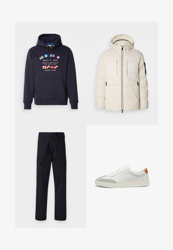 Chaqueta de plumas en beige claro con capucha, que cuenta con dos bolsillos en el pecho, dos cremalleras laterales y un detalle negro en la manga. Textura suave.; Sudadera navy con cordón, que presenta banderas náuticas bordadas y el texto "GANT USA NEW HAVEN CUP" en varios colores. Bolsillo frontal tipo canguro.; Pantalones cargo negros hechos de una tela resistente, con un corte recto en las piernas, dos bolsillos laterales y un cierre de botón en la cintura.; Zapatillas de cuero blanco con acentos de ante gris y un refuerzo de cuero marrón claro en el talón. Presentan una superficie texturizada y una suela ligera.