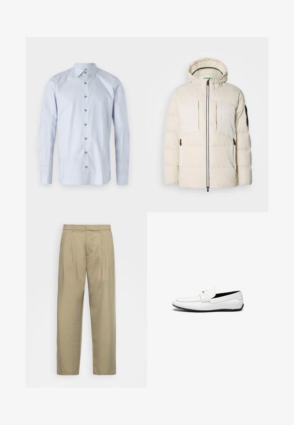 Puhast jakna v svetlo bež barvi s kapuco, ki ima dva žepka na prsih, dva stranska zadrga in črne akcentne detajle na rokavu. Gladka tekstura.; Svijetloplava košulja s dugim rukavima i strukturiranim ovratnikom, s suptilnim teksturiranim uzorkom. Sadrži metalne gumbe uzduž prednje strane.; Bež hlače visoko pasu s ravnim krojem, z ravnim sprednjim delom, stranskimi žepi in gladkim, teksturiranim materialom.; Bela usnjena loafer obutev z gladko površino, ki ima šivane detajle, zaobljenim prstom in črnim gumijastim podplatom za boljši oprijem.