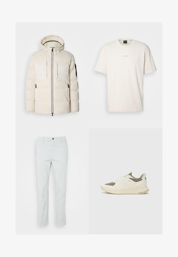 Világos bézs színű, kapucnis pufikabát, két mellzsebbel, két oldalsó cipzárral és fekete díszítéssel az ujjon. Sima textúra.; BOSS TEE - Basic póló - open white; Világoszöld, egyenes fazonú pamut nadrág, elülső gombos záródással és oldalsó zsebekkel. Sima textúra, minták nélkül.; Fehér és világos bézs sportcipő, légies hálós felsőrésszel, perforált részletekkel és texturált középtalppal, amelyen a saroknál a márka logója található.