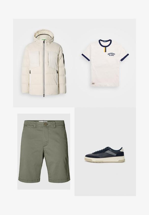 Pufferjack in lichtbeige met een capuchon, voorzien van twee borstzakken, twee zijritsen en een zwarte accent op de mouw. Glad textuur.; Witte katoenen t-shirt met marineblauwe ronde hals en mouwaccenten. Bevat een klein geel knoopdetail en geborduurd "NORTHEAST RL ATHL."; Olijfgroene shorts van katoen, met een knoopsluiting, riemlussen en een rechte pasvorm met omgevouwen zoomdetails.; BOSS BALTIMORE - Sneakers laag - open blue