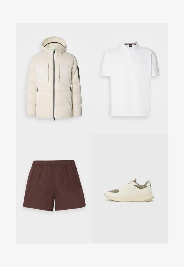 Puhast jakna v svetlo bež barvi s kapuco, ki ima dva žepka na prsih, dva stranska zadrga in črne akcentne detajle na rokavu. Gladka tekstura.; Bela polo majica, izdelana iz mešanice bombaža in poliestra, z ovratnikom, dvema gumboma in subtilno vezeno logotipom na prsih.; Rjavi kratki hlače z elastičnim pasom in gladkim, lahkim materialom. Imajo preprost dizajn brez vzorcev ali vidnih dodatkov.; Beli in svetlo bež športni copat, s mrežastim zgornjim delom, perforiranimi detajli in teksturirano srednjim delom z blagovno znamko na peti.