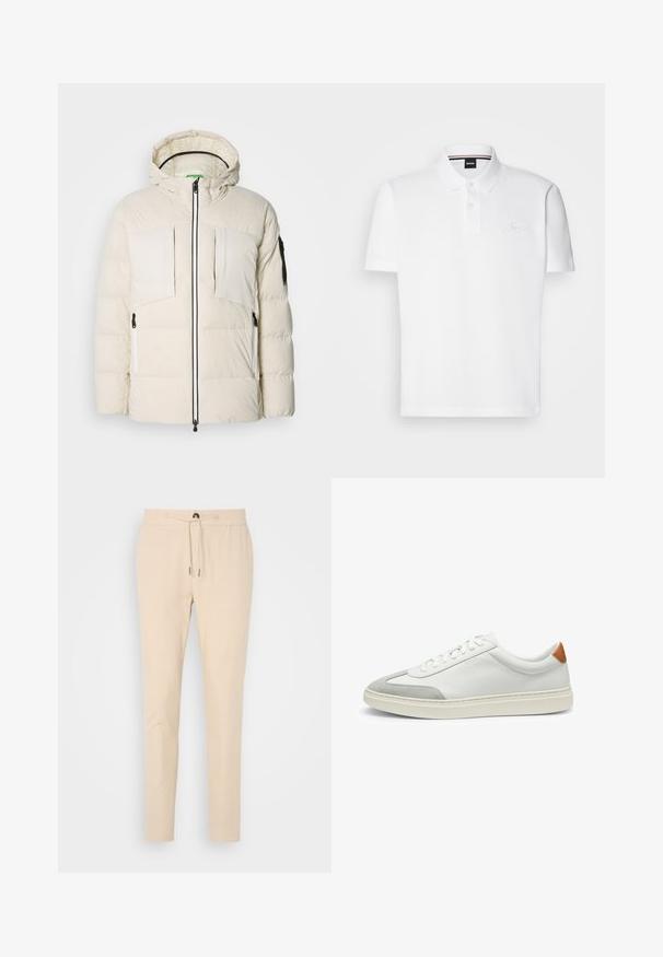 Puhkepjakke i lysbeige med hette, som har to brystlommer, to sidelukkinger og svart aksent på ermet. Glatt tekstur.; Valkoinen polo paita, joka on valmistettu puuvilla-polyesteriseoksesta. Paidassa on kaulus, kahden napin patentoitu etuosa sekä hienovarainen brodeerattu logo rinnassa.; Beige tapered-housut pehmeästä kankaasta, joissa on joustava vyötärö ja naru, sekä yksi etutasku. Sileä pinta ja hillitty muotoilu.; Valkoiset nahkakengät, joissa on harmaat mikrokuituakkentit ja vaaleanruskea nahkakanta. Ominaisuuksiin kuuluu teksturoitu pinta ja kevyt pohja.