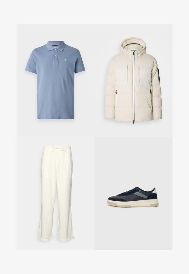 Puhasta jakna svijetlo bež boje s kapuljačom, s dva džepa na prsima, dva bočna patentna zatvarača i crnim detaljem na rukavu. Glatka tekstura.; Polo majica od svijetloplavog pamuka, s klasičnim ovratnikom, plaketom na tri dugmeta i malim logom na lijevoj strani grudi. Kratki rukavi.; Linen hlače u boji slonovače s elastičnim pojasom, lagano širokim nogavicama i uvrnutim manžetama za opušteni izgled. Bez džepova.; BOSS BALTIMORE - Tenisice - open blue