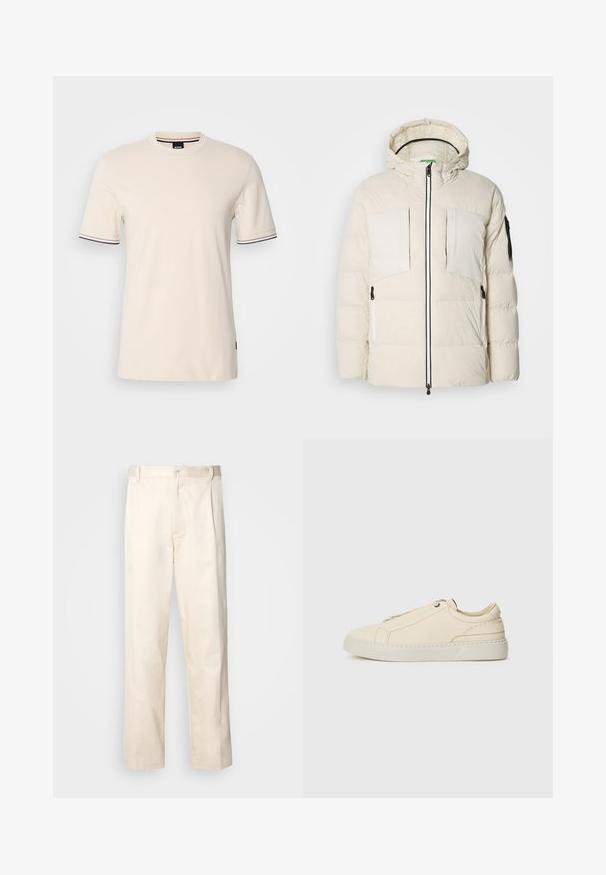 Švarkas pūkinis, šviesiai bežinis, su kapišonu, turi dvi krūtinės kišenes, dvi šonines užtrauktukus ir juodą akcentą ant rankovės. Lygi tekstūra.; Trumpos rankovės bežinė marškinėlių gaminamos iš medvilnės, su apvalia kaklo iškirpte, kontrastinga apdaila ant rankovių ir logotipo etikete šone.; Bežinės medvilninės kelnės su tiesiu kirpimu, turinčios mygtuko uždarymą ir priekyje raukšles papildomai dekoratyviam akcentui.; Kreminio odos sportbačiai su apvaliu nosiu, minimalistiniu dizainu, subtiliomis siuvimo detalėmis ir tekstūrine viršutine dalimi, ant šviesios pado.