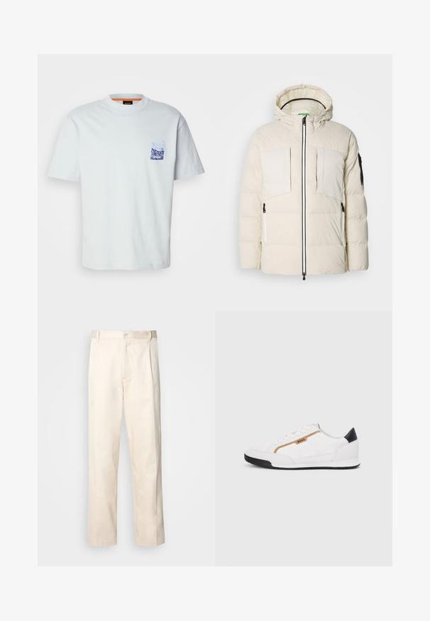 Heledus puffer-jakk heledas beežis, kapuutsiga, millel on kaks rinna taskut, kaks külgset zipperit ja must aktsent varrukal. Silunud tekstuur.; Valge lühikeste varrukate t-särk puuvillast, millel on väike sinine graafiline tasku, millel on mägede kujundus ja brändinimi "BOSS".; Beesidised puuvillased püksid sirge jala lõikega, mis on varustatud nööpkinnituse ja ees olevate voltidega, et lisada detaili.; Valged sportlikud jalatsid, millel on võrkkangas ja nahkdetailid. Omab kuldset "BOSS" logo, tekstureeritud külgpaneele ja musta kontsakaant. Kummist tallad.