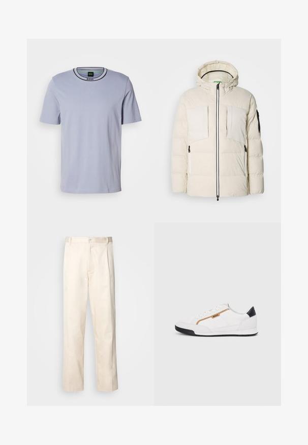Puhast jakna v svetlo bež barvi s kapuco, ki ima dva žepka na prsih, dva stranska zadrga in črne akcentne detajle na rokavu. Gladka tekstura.; Svijetloplava kratka majica s kratkim rukavima od mekanog pamuka. Ima klasičan okrugli izrez s crnim rubom i suptilnu oznaku logotipa na ovratniku.; Bež cottone hlače s ravnim krojem, ki imajo gumbasto zapiranje in nabore spredaj za dodatne detajle.; Bele športne čevlje z mrežnimi in usnjenimi detajli. Opremljeni so z zlatim logotipom "BOSS", teksturiranimi stranskimi paneli in črnim kapcom na peti. Guma podplat.
