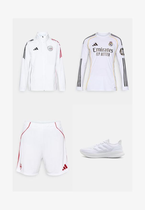Giacca bianca adidas con accenti neri, strisce rosse sulle maniche, colletto alto e logo ricamato sul lato sinistro del petto; texture liscia.; Maglia a maniche lunghe bianca con accenti neri e gialli, presenta il logo "Emirates Fly Better" e il simbolo del Real Madrid, realizzata in materiale sintetico leggero.; Shorts sportivi bianchi con accenti laterali rossi, cintura elastica, dotati di un logo di squadra ricamato e del logo Adidas sull'orlo.; Scarpe sportive bianche con tomaia in mesh texturato, suola ammortizzata e supportiva, e design a tre strisce sul lato.