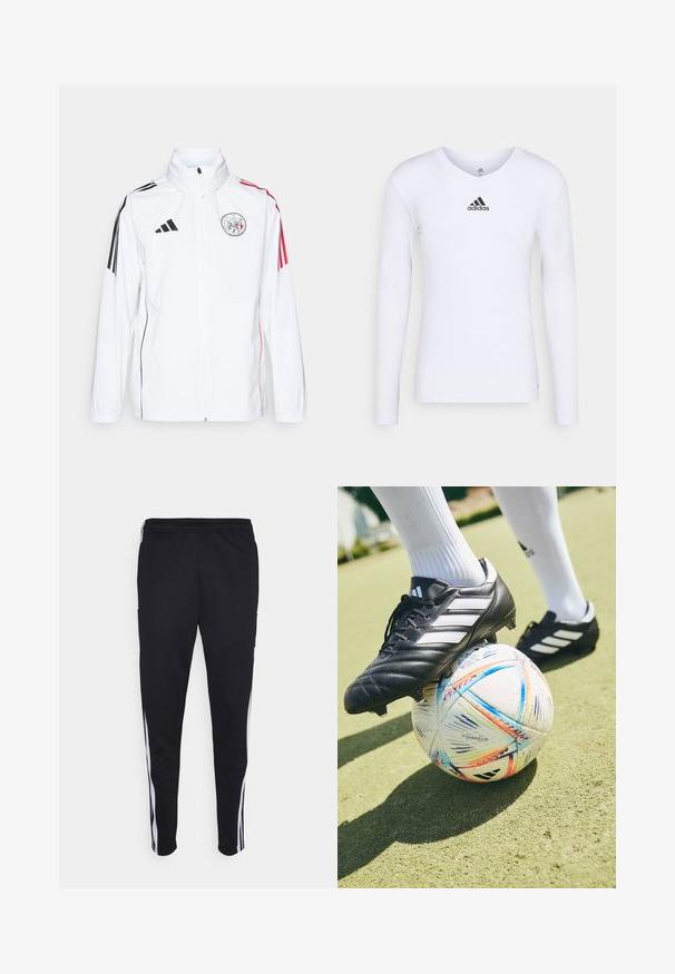 Giacca bianca adidas con accenti neri, strisce rosse sulle maniche, colletto alto e logo ricamato sul lato sinistro del petto; texture liscia.; Maglietta atletica bianca a maniche lunghe realizzata in materiale morbido con logo Adidas nero sul petto; design a V e forma aderente.; Pantaloni sportivi neri con una vestibilità rilassata, con strisce bianche sui lati, vita con cordoncino e due tasche laterali. Realizzati in tessuto morbido.; Scarpa da calcio nera con tre strisce bianche poggiata su un pallone da calcio multicolore con motivi visibili, su una superficie simile a erba.