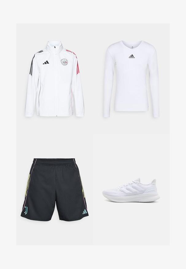 Weiße adidas-Jacke mit schwarzen Akzenten, roten Streifen an den Ärmeln, hohem Kragen und gesticktem Logo auf der linken Brust; glatte Textur.; Langärmliges weißes Sportshirt aus glattem Material mit einem schwarzen Adidas-Logo auf der Brust; V-Ausschnitt-Design und figurbetonte Form.; Schwarze Sportshorts mit elastischem Bund, mit neongelben Seitestreifen und einem türkisfarbenen Logo, glatte Textur und normale Passform.; Weiße Sportschuhe mit einem strukturierten Mesh-Obermaterial, einer stützenden gepolsterten Sohle und einem drei Streifen-Design an der Seite.