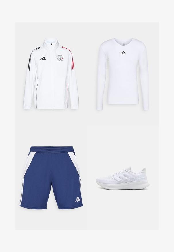 White adidas jacket with black accents, red stripes on sleeves, high collar, and an embroidered logo on the left chest; smooth texture.; Long-sleeve white athletic shirt made of smooth material featuring a black Adidas logo at the chest; V-neck design and fitted shape.; Navy athletic shorts with white side panels, elastic waistband, and logo detail on lower hem. Made from lightweight, breathable fabric.; White athletic shoes featuring a textured mesh upper, supportive cushioned sole, and three stripe design on the side.