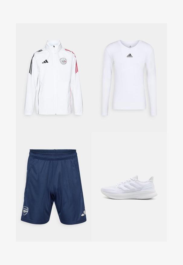 White adidas jacket with black accents, red stripes on sleeves, high collar, and an embroidered logo on the left chest; smooth texture.; Long-sleeve white athletic shirt made of smooth material featuring a black Adidas logo at the chest; V-neck design and fitted shape.; Navy sports shorts with an elastic waistband, two side pockets, and the Arsenal logo. Made of smooth, lightweight fabric. Silver accents.; White athletic shoes featuring a textured mesh upper, supportive cushioned sole, and three stripe design on the side.