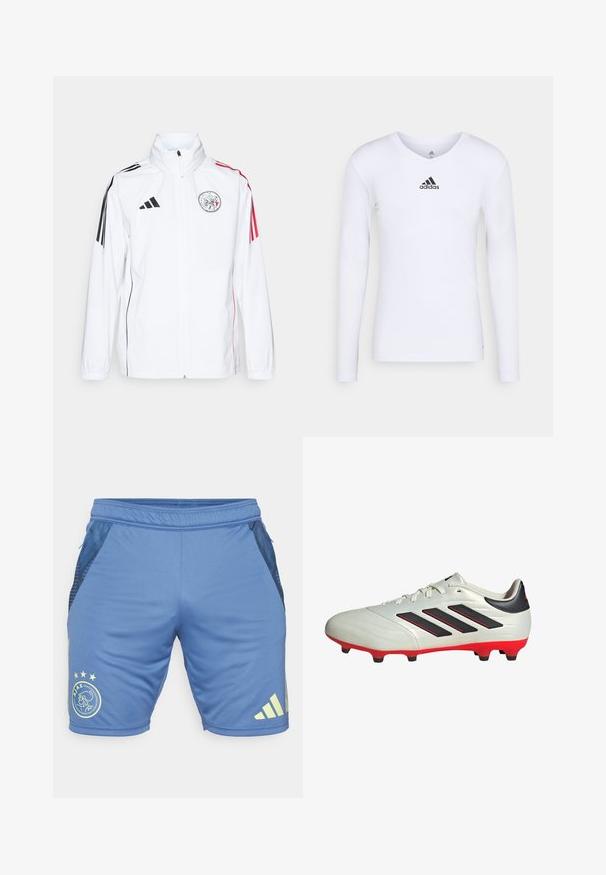 Weiße adidas-Jacke mit schwarzen Akzenten, roten Streifen an den Ärmeln, hohem Kragen und gesticktem Logo auf der linken Brust; glatte Textur.; Langärmliges weißes Sportshirt aus glattem Material mit einem schwarzen Adidas-Logo auf der Brust; V-Ausschnitt-Design und figurbetonte Form.; Blaue Sportshorts aus glattem Stoff mit Netz-Einsätzen an den Seiten. Mit einem Logo und gelben Sternen auf der Vorderseite sowie Branding an der Seite.; Weißer Fußballschuh mit schwarzen Akzenten und roter Sohle. Verfügt über drei schwarze Streifen an der Seite und ein glattes Obermaterial.
