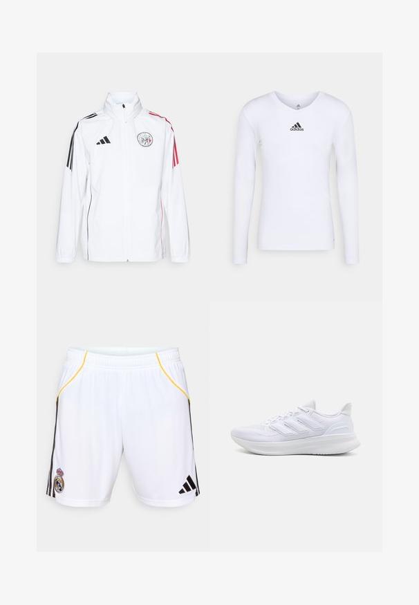 Chaqueta blanca de adidas con acentos negros, rayas rojas en las mangas, cuello alto y un logo bordado en el lado izquierdo del pecho; textura suave.; Camiseta deportiva de manga larga blanca, fabricada con material suave, que presenta un logo negro de Adidas en el pecho; diseño de cuello en V y forma ajustada.; Pantalones cortos deportivos blancos con rayas laterales negras y acentos amarillos, que cuentan con un emblema bordado en la pierna izquierda y una cinturilla elástica.; Zapatillas deportivas blancas con una parte superior de malla texturizada, suela acolchada y soporte, y un diseño de tres rayas en el lateral.