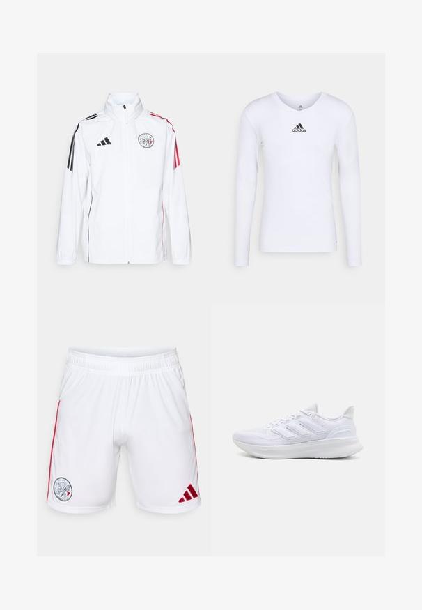 Chaqueta blanca de adidas con acentos negros, rayas rojas en las mangas, cuello alto y un logo bordado en el lado izquierdo del pecho; textura suave.; Camiseta deportiva de manga larga blanca, fabricada con material suave, que presenta un logo negro de Adidas en el pecho; diseño de cuello en V y forma ajustada.; Pantalones cortos deportivos blancos hechos de una tela suave, con franjas laterales rojas y un logo circular en el muslo izquierdo con un emblema deportivo.; Zapatillas deportivas blancas con una parte superior de malla texturizada, suela acolchada y soporte, y un diseño de tres rayas en el lateral.