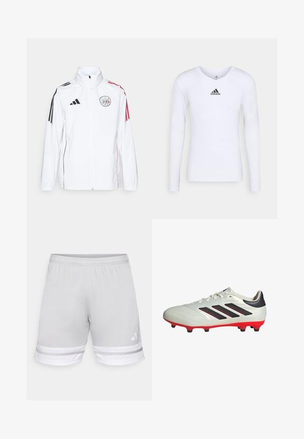 Weiße adidas-Jacke mit schwarzen Akzenten, roten Streifen an den Ärmeln, hohem Kragen und gesticktem Logo auf der linken Brust; glatte Textur.; Langärmliges weißes Sportshirt aus glattem Material mit einem schwarzen Adidas-Logo auf der Brust; V-Ausschnitt-Design und figurbetonte Form.; Hellgraue Sportshorts mit elastischem Taillenbund, ausgestattet mit weißen und grauen gestreiften Akzenten am Saum und einem Adidas-Logo.; Weißer Fußballschuh mit schwarzen Akzenten und roter Sohle. Verfügt über drei schwarze Streifen an der Seite und ein glattes Obermaterial.