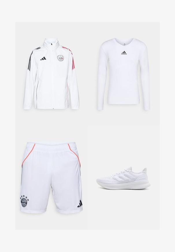 Weiße adidas-Jacke mit schwarzen Akzenten, roten Streifen an den Ärmeln, hohem Kragen und gesticktem Logo auf der linken Brust; glatte Textur.; Langärmliges weißes Sportshirt aus glattem Material mit einem schwarzen Adidas-Logo auf der Brust; V-Ausschnitt-Design und figurbetonte Form.; Weiße Sportshorts mit schwarzen und orangefarbenen Akzenten. Mit dem Logo des FC Bayern München und drei schwarzen Streifen an der Seite. Leichtes Material.; Weiße Sportschuhe mit einem strukturierten Mesh-Obermaterial, einer stützenden gepolsterten Sohle und einem drei Streifen-Design an der Seite.