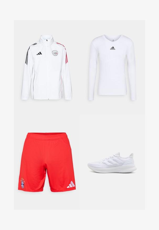 Weiße adidas-Jacke mit schwarzen Akzenten, roten Streifen an den Ärmeln, hohem Kragen und gesticktem Logo auf der linken Brust; glatte Textur.; Langärmliges weißes Sportshirt aus glattem Material mit einem schwarzen Adidas-Logo auf der Brust; V-Ausschnitt-Design und figurbetonte Form.; Rote Sportshorts aus glattem Stoff mit einem gestickten Logo und fünf Sternen darüber sowie weißen Adidas-Streifen an der Seite.; Weiße Sportschuhe mit einem strukturierten Mesh-Obermaterial, einer stützenden gepolsterten Sohle und einem drei Streifen-Design an der Seite.