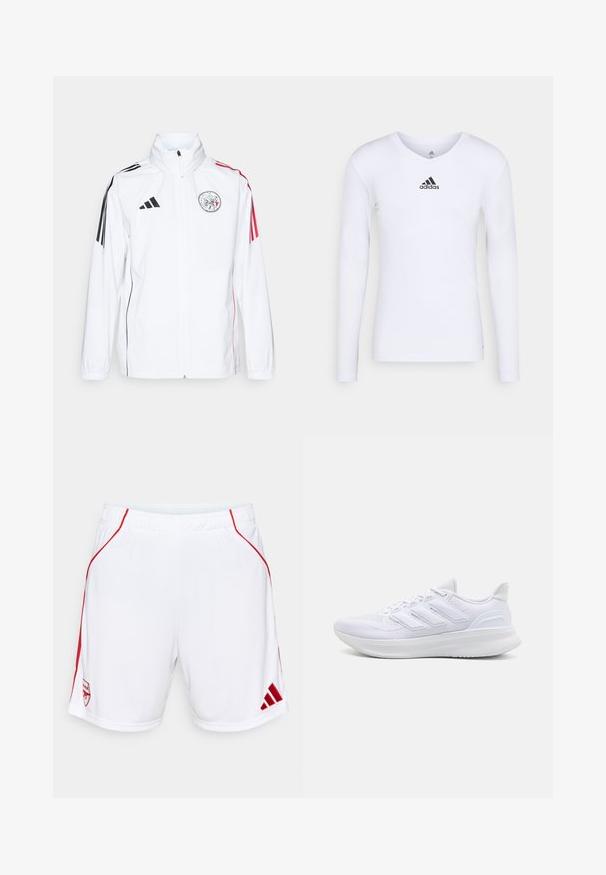 Giacca bianca adidas con accenti neri, strisce rosse sulle maniche, colletto alto e logo ricamato sul lato sinistro del petto; texture liscia.; Maglietta atletica bianca a maniche lunghe realizzata in materiale morbido con logo Adidas nero sul petto; design a V e forma aderente.; Shorts sportivi bianchi con accenti laterali rossi, cintura elastica, dotati di un logo di squadra ricamato e del logo Adidas sull'orlo.; Scarpe sportive bianche con tomaia in mesh texturato, suola ammortizzata e supportiva, e design a tre strisce sul lato.