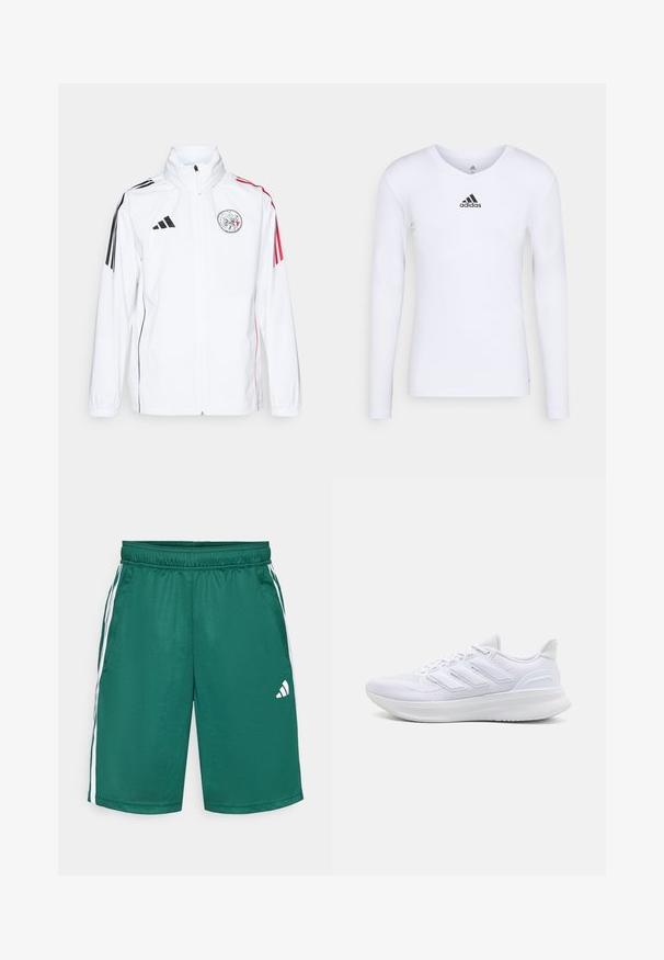Weiße adidas-Jacke mit schwarzen Akzenten, roten Streifen an den Ärmeln, hohem Kragen und gesticktem Logo auf der linken Brust; glatte Textur.; Langärmliges weißes Sportshirt aus glattem Material mit einem schwarzen Adidas-Logo auf der Brust; V-Ausschnitt-Design und figurbetonte Form.; Grüne Sportshorts aus glattem, leichtem Stoff. Mit weißen Seitenstreifen und einem weißen Logo am unteren rechten Bein. Elastischer Bund.; Weiße Sportschuhe mit einem strukturierten Mesh-Obermaterial, einer stützenden gepolsterten Sohle und einem drei Streifen-Design an der Seite.
