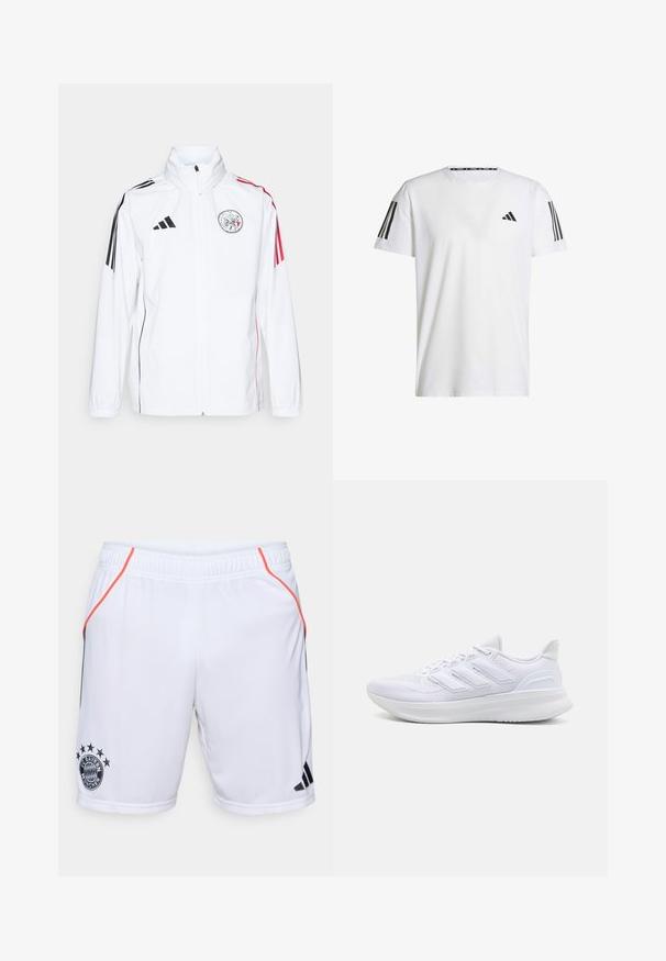 Witte adidas jas met zwarte accenten, rode strepen op de mouwen, hoge kraag en een geborduurd logo op de linkerborst; gladde textuur.; Witte T-shirt met korte mouwen, gemaakt van ademend materiaal, met een zwart driehoekig logo en drie zwarte strepen op elke schouder.; Witte sportshorts met zwarte en oranje accenten. Voorzien van het FC Bayern München-logo en drie zwarte strepen aan de zijkant. Lichtgewicht materiaal.; Witte sportschoenen met een gestructureerde mesh bovenkant, een ondersteunende gevoerde zool en een ontwerp met drie strepen aan de zijkant.