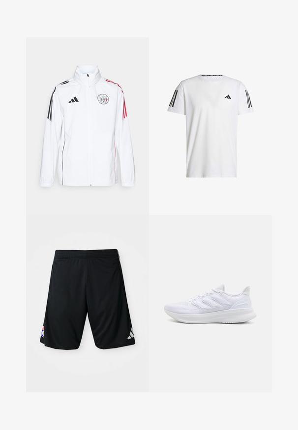 Chaqueta blanca de adidas con acentos negros, rayas rojas en las mangas, cuello alto y un logo bordado en el lado izquierdo del pecho; textura suave.; Camiseta blanca de manga corta hecha de tejido transpirable, con un logo triangular negro y tres rayas negras en cada hombro.; Pantalones cortos deportivos negros, fabricados con una tela suave y ligera. Cuentan con una cinturilla elástica, el logo de Adidas en gris y una parche en el costado.; Zapatillas deportivas blancas con una parte superior de malla texturizada, suela acolchada y soporte, y un diseño de tres rayas en el lateral.