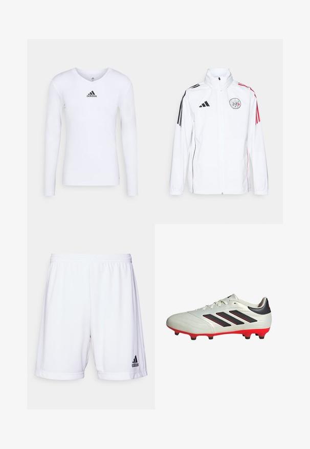 Weiße adidas-Jacke mit schwarzen Akzenten, roten Streifen an den Ärmeln, hohem Kragen und gesticktem Logo auf der linken Brust; glatte Textur.; Langärmliges weißes Sportshirt aus glattem Material mit einem schwarzen Adidas-Logo auf der Brust; V-Ausschnitt-Design und figurbetonte Form.; Weiße Sportshorts mit elastischem Bündchen, aus einem glatten Stoff gefertigt. Mit einem schwarzen Adidas-Logo auf der unteren linken Seite.; Weißer Fußballschuh mit schwarzen Akzenten und roter Sohle. Verfügt über drei schwarze Streifen an der Seite und ein glattes Obermaterial.