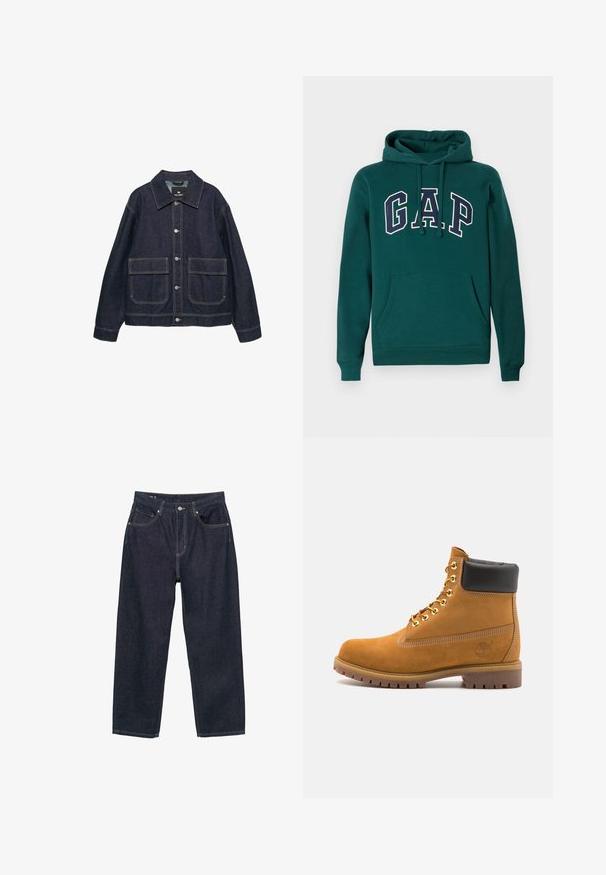 Donkerdenimjack met een klassieke kraag, twee voorzakken, zilveren drukknopen en contrasterende stiksels door het hele jack.; Donkergroene hoodie van een katoenmix, met een groot "G.A.P." logo in wit en marineblauw, een voorste kangoeroezak en een capuchon met trekkoord.; Donkerblauwe denim jeans met een losse pasvorm, voorzien van vijf zakken, contrasterende gele stiksels en een knoopsluiting aan de voorkant.; Tan suède enkelboot met zwart gevoerd kraagje, gouden metalen oogjes, witte stikdetails en een robuuste rubberen zool met uitgesproken profiel.