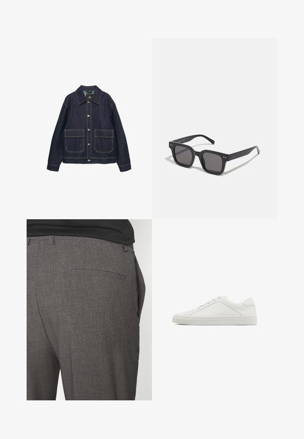 Mørk denimjakke med klassisk krave, to forlommer, sølv trykknapper og kontrastsyninger over det hele.; Cremefarvet bomuldsblended sweater med ribbet rund hals, dropped shoulders og ribbede manchetter og kant. Blød tekstur med en afslappet pasform.; Grå skræddersyede bukser med en glat tekstur, udstyret med en enkelt baglomme og et slim fit design. Stoffet har et subtilt mønster.; Hvide lædersneakers med rund tå, flad sål og minimalistisch design. Har seks snøringer og en diskret syning på siden.; Sorte rektangulære solbriller med mørke linser, der har en tyk ramme, subtile detaljer på siderne og uden synlige logoer udover mærkenavnet.; Sort taske lavet af holdbart stof, med to lange håndtag, justerbare stropper og en frontlomme. Textureret overflade med minimal branding.