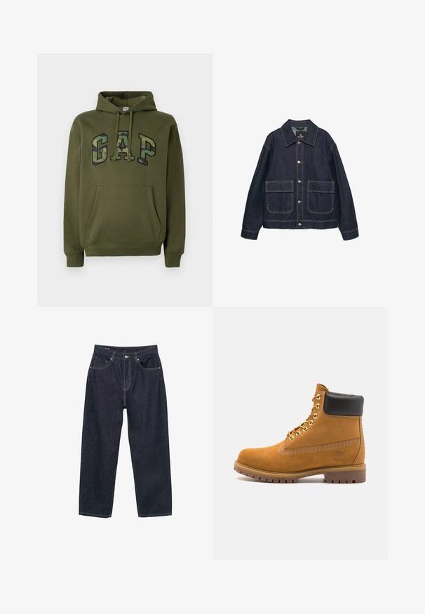 Sötét farmerdzseki klasszikus gallérral, két elülső zsebbel, ezüst színű patentgombokkal, és kontrasztos varrással az egész felületen.; Olíva zöld kapucnis pulóver elülső kenguruzsebbel, húzózsinórral ellátott kapucnival és "GAP" logóval, amely katonai mintás nyomattal készült a mellkason.; Sötétkék farmernadrág laza szabással, öt zsebbel, kontrasztos sárga varrással és elöl gombos záródással.; Barna velúr bokacipő fekete párnázott gallérral, arany fém fűzőlyukakkal, fehér varrási részletekkel és durva gumitalppal, amelynek kifejezett barázdái vannak.