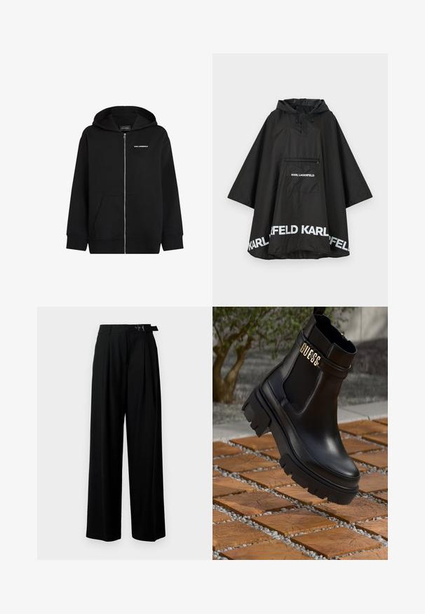 Fekete vízálló poncsó kapucnival, elülső zsebbel és fehér logó részletekkel az alján. Simább, könnyű anyag.; Fekete cipzáras kapucnis pulóver, puha anyagból készült. Elülső zsebbel, húzózsinóros kapucnival rendelkezik, és a mellkason fehér "Karl Lagerfeld" logó található.; Fekete, cropped fazonú felső magas nyakkal, ezüstszínű flitteres függőleges csíkokkal, áttetsző ujjakkal és texturált anyaggal.; Fekete, bő szárú nadrág magas derékkal, elöl pliszírozva, és csattal ellátott övvel. Simább, könnyű anyagból készült.; Fekete bőr bokacsizma tömzsi gumitalppal, elasztikus oldalsó panelekkel és arany részletként a "GUESS" márkázással.