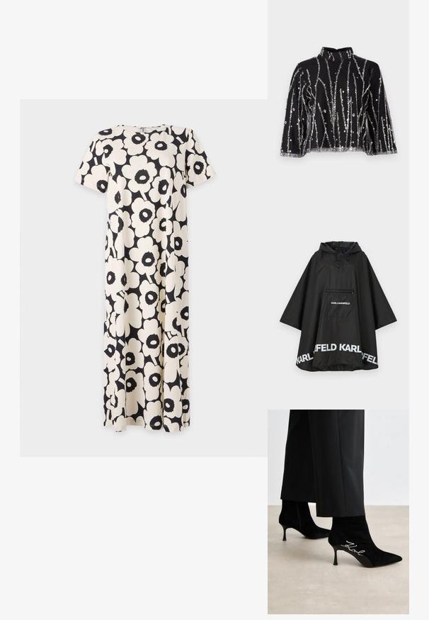 Czarny wodoodporny poncho z kapturem, z kieszenią z przodu i białymi detalami logo wzdłuż krawędzi. Gładki, lekki materiał.; Marimekko PISTEINEN mleczny; Czarny krótki top z wysokim dekoltem, zdobiony pionowymi liniami z srebrnych cekinów, z przezroczystymi rękawami oraz fakturowanym materiałem.; Czarne zamszowe botki do kostki z wydłużonymi noskami, smukłymi obcasami i srebrnym detalem "Kowl" po boku. Gładka faktura i dopasowany krój.