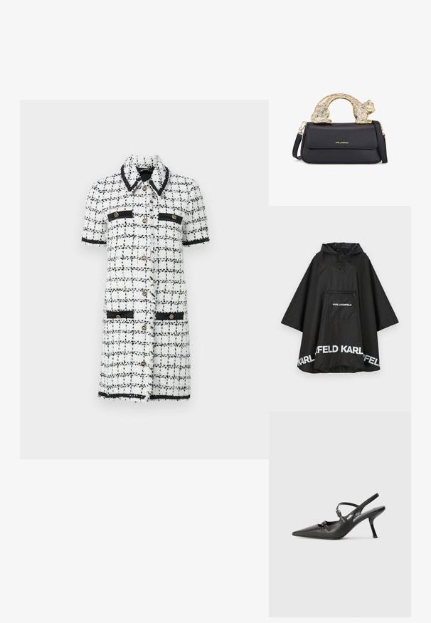 Črn vodoodporen pončo s kapuco, ki ima sprednji žep in bele logotipske detajle ob robu. Gladek, lahek material.; Bela in črna karo obleka iz teksturirane tkanine, z kratkimi rokavi, zlatimi gumbi ter črnimi poudarki na žepih in ovratniku.; Črne usnjene sandale na peto s koničastim nosom, vitko peto in okrasno zaponko na sprednjem delu. Gladka tekstura in eleganten dizajn.; Črna usnjena torbica z zlatim ročajem v obliki mačke, z zgornjim poklopcem, nastavljivim trakom in logotipom na spodnjem sprednjem delu.