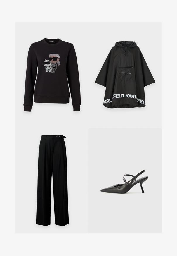 Svart vanntett poncho med hette, med en frontlomme og hvit logo detaljering langs kanten. Glatt, lett materiale.; Svart hettegenser med et rhinestones-grafikk av en karakter og en katt, begge med solbriller. Klassisk rund hals, ribbestrikkede mansjetter og nederkant.; Svarte vide bukser med høy livlinje, folder foran og belte med spenne. Laget av glatt, lett materiale.; Sorte skinn slingback-hæler med spiss tå, slank hæl og dekorativ spenne detalj på vampsiden. Glatt tekstur og stilrent design.