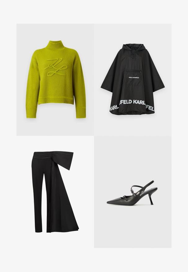 Schwarzer wasserdichter Poncho mit Kapuze, ausgestattet mit einer Fronttasche und weißen Logodetails am Saum. Glattes, leichtes Material.; Langärmliger, gerippter Strickpullover in leuchtendem Gelbgrün mit hohem Kragen und dekorativem, geschlungenem Maschenmuster auf der Brust.; Schwarze Hosen mit einem breiten, drapierten Taillendetail. Glattes Material, gerade Beinform und gefalteter Bund.; Schwarzlederne Slingback-Absätze mit spitzer Zehenform, schlankem Absatz und dekorativem Schnallendetail auf dem Blatt. Glatte Textur und elegantes Design.