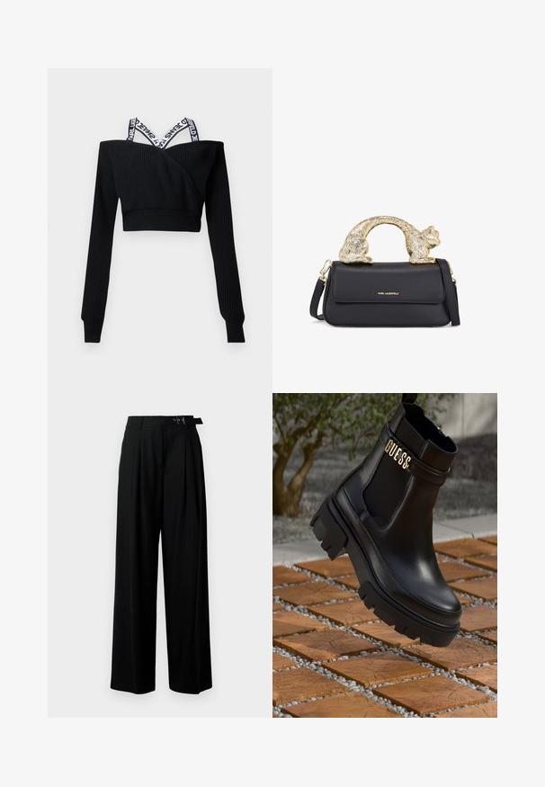 Fekete vízálló poncsó kapucnival, elülső zsebbel és fehér logó részletekkel az alján. Simább, könnyű anyag.; Fekete, rövidített kötött pulóver hosszú ujjakkal és fehér, márkázott, keresztbe vetett vállpántokkal.; Fekete, cropped fazonú felső magas nyakkal, ezüstszínű flitteres függőleges csíkokkal, áttetsző ujjakkal és texturált anyaggal.; Fekete, bő szárú nadrág magas derékkal, elöl pliszírozva, és csattal ellátott övvel. Simább, könnyű anyagból készült.; Fekete bőr bokacsizma tömzsi gumitalppal, elasztikus oldalsó panelekkel és arany részletként a "GUESS" márkázással.; Fekete bőrtáska arany macska alakú fogantyúval, elülső fedéllel, állítható pánttal és logó részlettel az alsó részen.