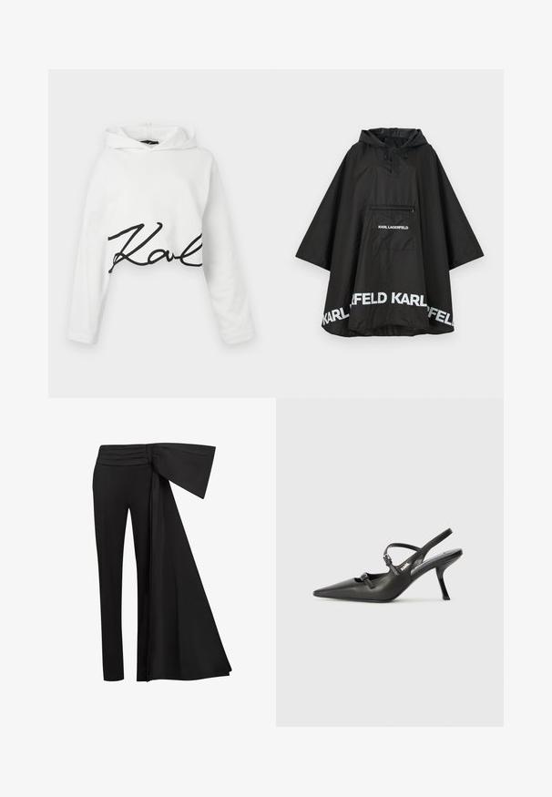 Czarny wodoodporny poncho z kapturem, z kieszenią z przodu i białymi detalami logo wzdłuż krawędzi. Gładki, lekki materiał.; Biała krótka bluza z miękkiego materiału, z długimi rękawami i czarnym napisem na przodzie. Gładka tekstura z luźnym krojem.; Czarne spodnie z szerokim, drapowanym paskiem w talii. Gładki materiał, prosty krój nogawki i plisowany pasek w talii.; Czarne skórzane sandały na obcasie typu slingback z wydłużonym noskiem, smukłym obcasem i ozdobnym zapięciem na cholewce. Gładka tekstura i elegancka forma.