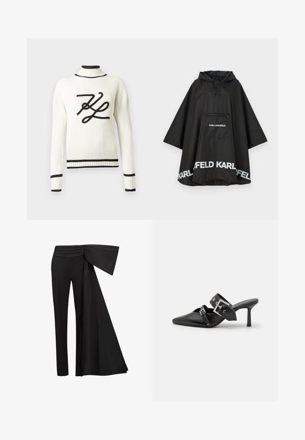 Zwarte waterdichte poncho met capuchon, voorzien van een voorzak en witte logodetails langs de zoom. Gladde, lichte stof.; Witte geribbelde trui met een zwart geborduurd logo aan de voorkant. Heeft een hoge hals en zwarte biezen langs de manchetten en zoom.; Zwarte broek met een brede, gedrapeerde sjaaldetail bij de taille. Gladde stof, rechte pijp en geplooide tailleband.; Zwarte hoge hakken mules met een puntige neus, gemaakt van soepel leer. Heeft een brede enkelriem met een vierkante zilveren gesp en studs.