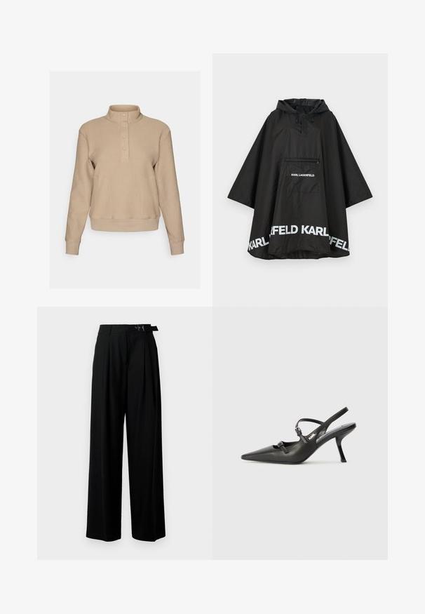 Svart vanntett poncho med hette, med en frontlomme og hvit logo detaljering langs kanten. Glatt, lett materiale.; Beige genser med strukturert strikkoverflate, høy krage og fire knapper ved halsen. Fitted mansjetter og nederste kant i kontrast med glatt stoff.; Svarte vide bukser med høy livlinje, folder foran og belte med spenne. Laget av glatt, lett materiale.; Sorte skinn slingback-hæler med spiss tå, slank hæl og dekorativ spenne detalj på vampsiden. Glatt tekstur og stilrent design.