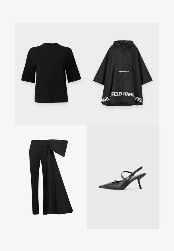 Sort vandtæt poncho med hætte, der har en frontlomme og hvidt logo-detalje langs kanten. Glat, letvægtsmateriale.; Sort kortærmet sweater med ribbet tekstur og høj halsudskæring, prydet med lodrette linjer og en tætsiddende silhuet.; Sorte bukser med et bredt, draperet bånddetalje ved taljen. Glat stof, lige benudskæring og plisseret talje.; Sorte læder slingback hæle med spids tå, slank hæl og dekorativ spænde detalje på vampen. Glat tekstur og strømlinet design.