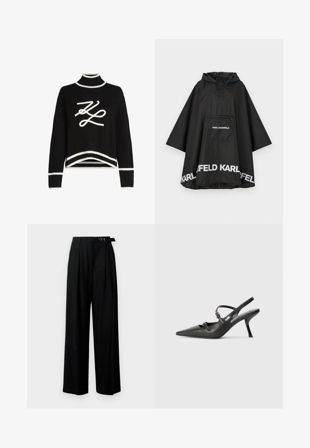 Black waterproof poncho with a hood, featuring a front pocket and white logo detailing along the hem. Smooth, lightweight material.; Black knitted sweater with a high neckline, white accents at the cuffs and hem, featuring a prominent white logo graphic on the front.; Black wide-leg trousers with a high waist, pleats at the front, and a belt featuring a buckle. Made from smooth, lightweight fabric.; Black leather slingback heels with a pointed toe, slender heel, and decorative buckle detail on the vamp. Smooth texture and sleek design.