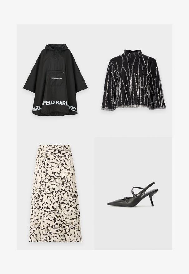 Poncho nero impermeabile con cappuccio, dotato di una tasca frontale e dettagli in logo bianco lungo l'orlo. Materiale liscio e leggero.; Top corto nero con collo alto, caratterizzato da linee verticali in paillettes argentate, maniche trasparenti e tessuto testurizzato.; Una gonna beige con un motivo floreale nero e rami sottili. Il design presenta piccole foglie e occasionali accenti dorati.; Scarpe slingback nere in pelle con punta affilata, tacco sottile e dettaglio decorativo a fibbia sulla tomaia. Texture liscia e design elegante.