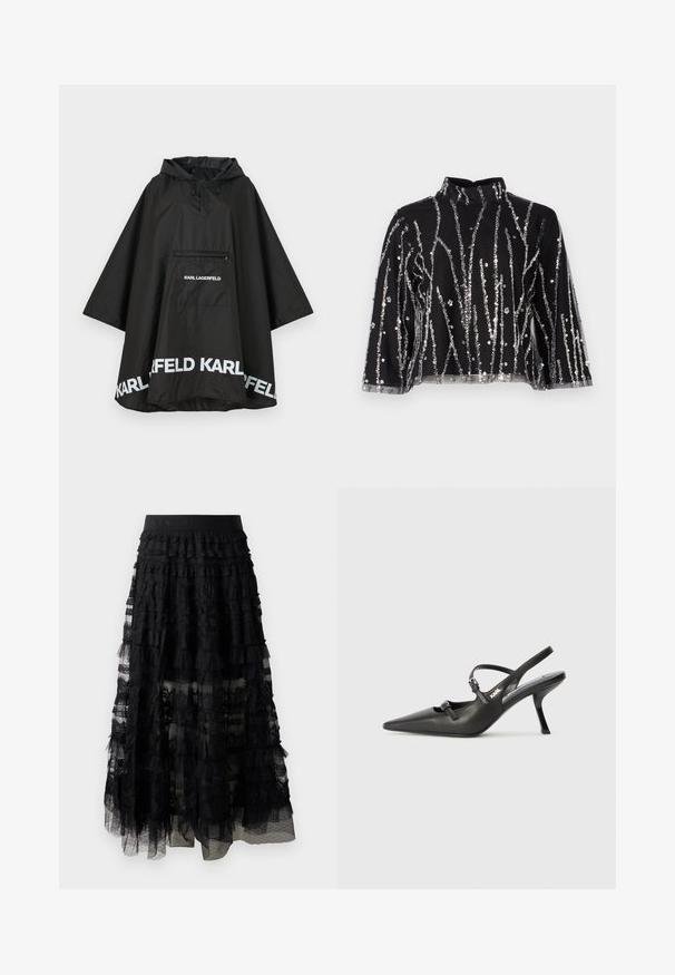 Fekete vízálló poncsó kapucnival, elülső zsebbel és fehér logó részletekkel az alján. Simább, könnyű anyag.; Fekete, cropped fazonú felső magas nyakkal, ezüstszínű flitteres függőleges csíkokkal, áttetsző ujjakkal és texturált anyaggal.; Fekete tiered csipkés szoknya fodros designnal, széles derékrésszel és áttetsző rétegekkel. Texturált csipke és pöttyös fedés.; Fekete bőrszíjjal ellátott magassarkú cipő, hegyes orral, karcsú sarkával és díszes csattal a vamp részén. Simás textúra és elegáns dizájn.