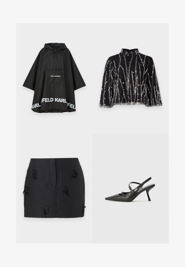 Svart vanntett poncho med hette, med en frontlomme og hvit logo detaljering langs kanten. Glatt, lett materiale.; Svart topp med høy hals, prydet med sølvfargede paljetter i vertikale linjer, gjennomsiktige ermer og teksturert stoff.; Svart skjørt med en tettsittende design og teksturerte, frynsete detaljer spredd over stoffet. Glatt materiale uten synlige festemidler.; Sorte skinn slingback-hæler med spiss tå, slank hæl og dekorativ spenne detalj på vampsiden. Glatt tekstur og stilrent design.