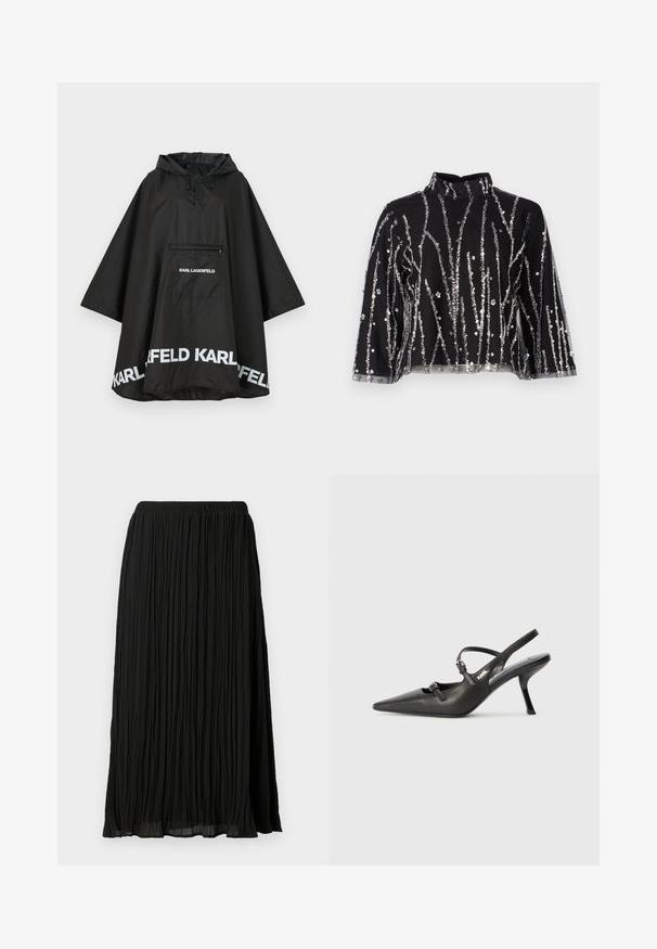 Fekete vízálló poncsó kapucnival, elülső zsebbel és fehér logó részletekkel az alján. Simább, könnyű anyag.; Fekete, cropped fazonú felső magas nyakkal, ezüstszínű flitteres függőleges csíkokkal, áttetsző ujjakkal és texturált anyaggal.; Fekete, redőzött midi szoknya, rugalmas derékkal, texturált felülettel és könnyű, folyékony anyaggal.; Fekete bőrszíjjal ellátott magassarkú cipő, hegyes orral, karcsú sarkával és díszes csattal a vamp részén. Simás textúra és elegáns dizájn.