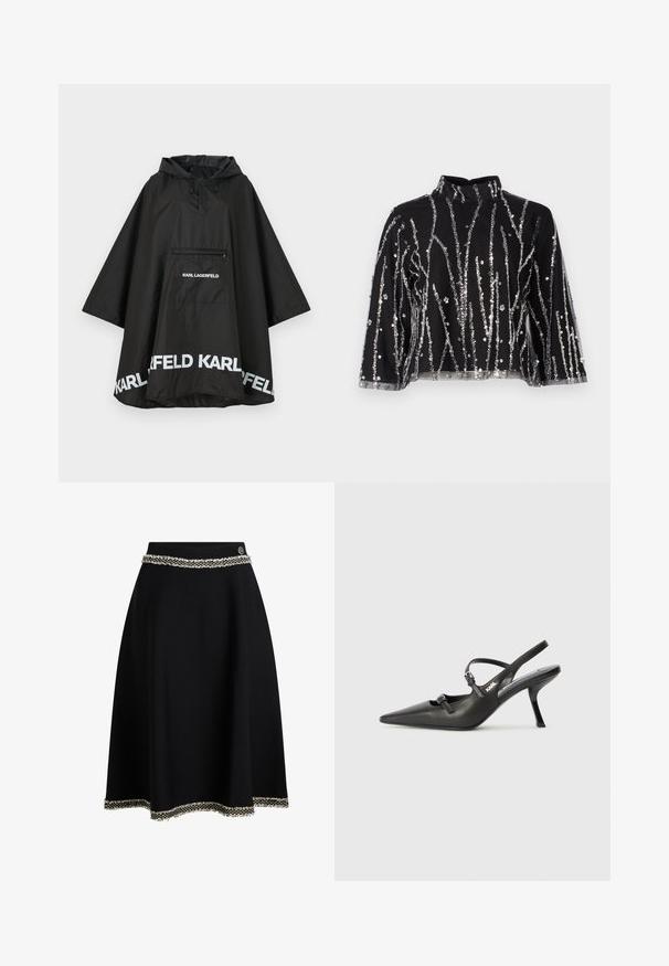 Juodas vandeniui atsparus pončas su kapišonu, turintis priekinę kišenę ir baltus logotipus palei apvadu. Lygus, lengvas audinys.; Juodas trumpas viršus su aukštu kaklu, papuoštas sidabriniais blizgučiais vertikaliomis linijomis, permatomomis rankovėmis ir tekstūruotu audiniu.; Juoda sijonas su išplatėjusia forma, turintis tekstūruotą liemenį ir dekoratyvinį baltą frangą palei apatinę kraštą.; Juodi odiniai slingback kulniukai su smailiu pirštu, siauru kulnu ir dekoratyvine sagtimi viršuje. Lygus paviršius ir elegantiškas dizainas.