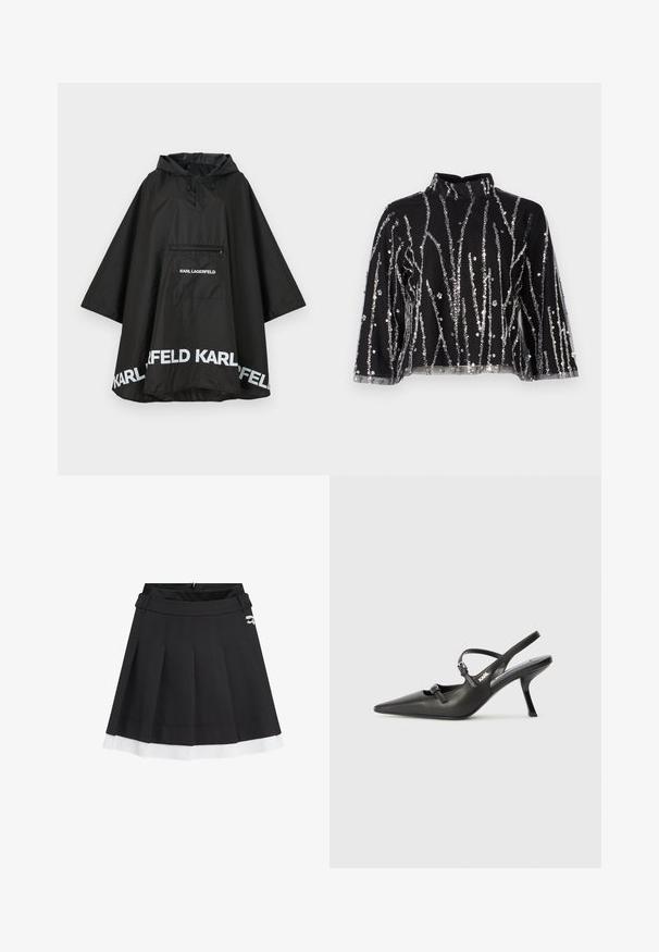 Fekete vízálló poncsó kapucnival, elülső zsebbel és fehér logó részletekkel az alján. Simább, könnyű anyag.; Fekete, cropped fazonú felső magas nyakkal, ezüstszínű flitteres függőleges csíkokkal, áttetsző ujjakkal és texturált anyaggal.; Fekete pliszírozott szoknya fehér szegéllyel, struktúrált anyagból készült. Hátul cipzárral rendelkezik, és a derekán egy kis logó díszítés található.; Fekete bőrszíjjal ellátott magassarkú cipő, hegyes orral, karcsú sarkával és díszes csattal a vamp részén. Simás textúra és elegáns dizájn.