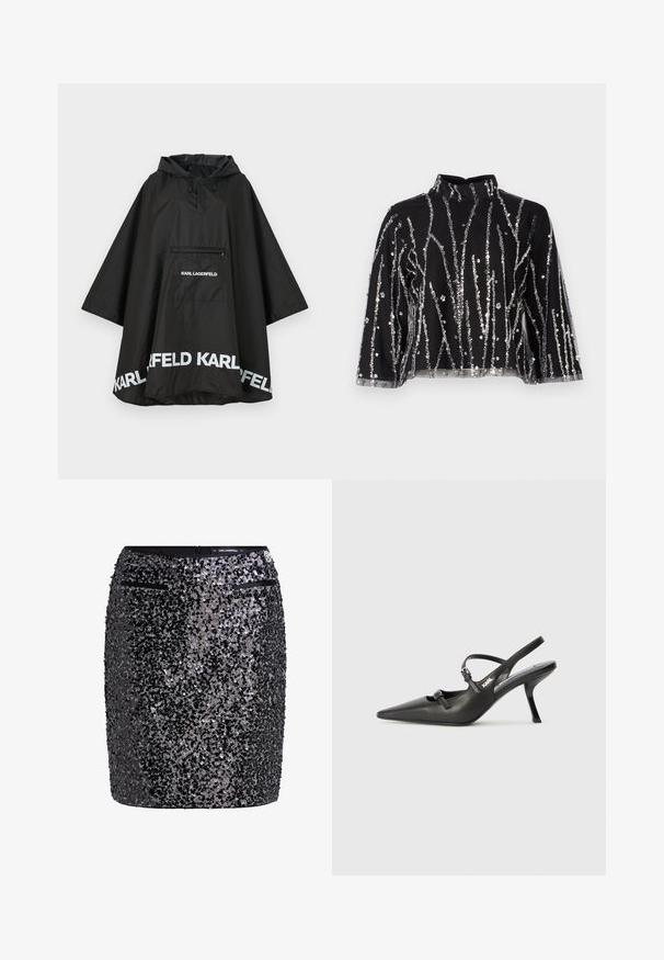 Poncho negru, impermeabil, cu glugă, având o buzunar frontal și detalii cu logo alb pe margine. Material ușor și neted.; Top scurt negru cu guler înalt, prezentând linii verticale din paiete argintii, mâneci transparente și țesătură texturată.; Fustă mini neagră cu paiete, cu un design ajustat, prezentând o suprafață texturată și două buzunare mici cu fermoar în față.; Pantofi cu toc slingback din piele neagră, cu vârful ascuțit, toc subțire și detaliu decorativ cu cataramă pe partea din față. Textură netedă și design elegant.