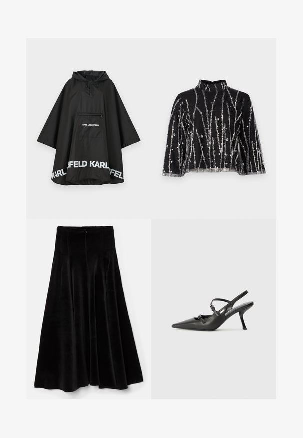 Fekete vízálló poncsó kapucnival, elülső zsebbel és fehér logó részletekkel az alján. Simább, könnyű anyag.; Fekete, cropped fazonú felső magas nyakkal, ezüstszínű flitteres függőleges csíkokkal, áttetsző ujjakkal és texturált anyaggal.; Fekete bársonyból készült A-vonalú szoknya sima textúrával, pliszírozott dizájnnal és rejtett cipzárral a hátsó részen. Közepes hosszúságú és lágy esésű sziluett.; Fekete bőrszíjjal ellátott magassarkú cipő, hegyes orral, karcsú sarkával és díszes csattal a vamp részén. Simás textúra és elegáns dizájn.