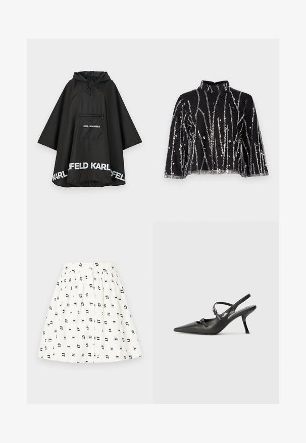 Črn vodoodporen pončo s kapuco, ki ima sprednji žep in bele logotipske detajle ob robu. Gladek, lahek material.; Črn skrajšan top z visokim ovratnikom, ki ima srebrne sequins vertikalne črte, prosojne rokave in teksturirano blago.; Bela krilna obleka z vzorcem majhnih črnih risanih obrazov z različnimi dodatki. Ima sprednje gumba in zbrano pas.; Črne usnjene sandale na peto s koničastim nosom, vitko peto in okrasno zaponko na sprednjem delu. Gladka tekstura in eleganten dizajn.