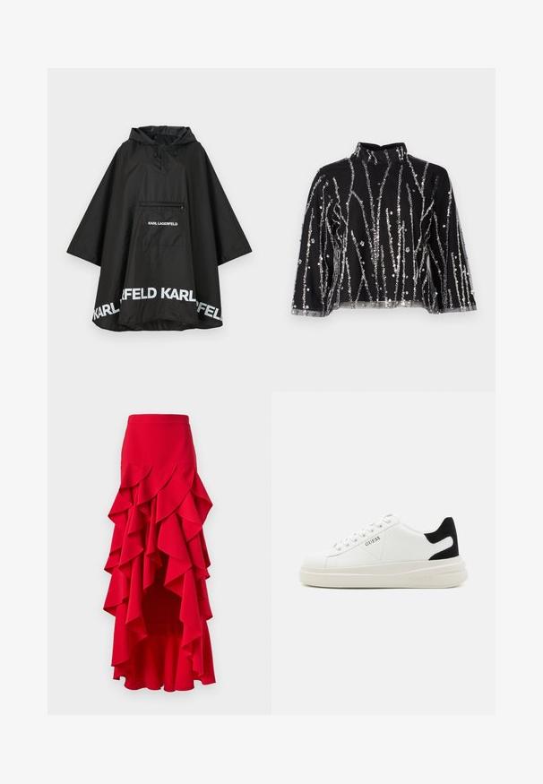 Melnā ūdensizturīgā pončo ar kapuci, ar priekšējo kabatu un baltu logo detalizāciju ap apakšmali. Gluda, viegla materiāla.; Melna īsā topiņa ar augstu kaklu, kurai ir sudraba mirdzošas vertikālas svītras, caurspīdīgas piedurknes un teksturēta auduma.; Sarkans kroku svārks ar augstu-zemu apakšmalu. Tam ir kārtainie kroki ap vidukli un sāniem, izgatavots no gludas auduma. Ar elastīgu jostu.; Baltas ādas sporta apavi ar biezu balto zoli, melna zamša uzpura un izspiestais logotips sānos. Šņorējuma dizains ar sešiem acu caurumiem.